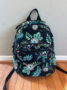 Vera Bradley Bancroft Backpack- black with teal and pink floral design